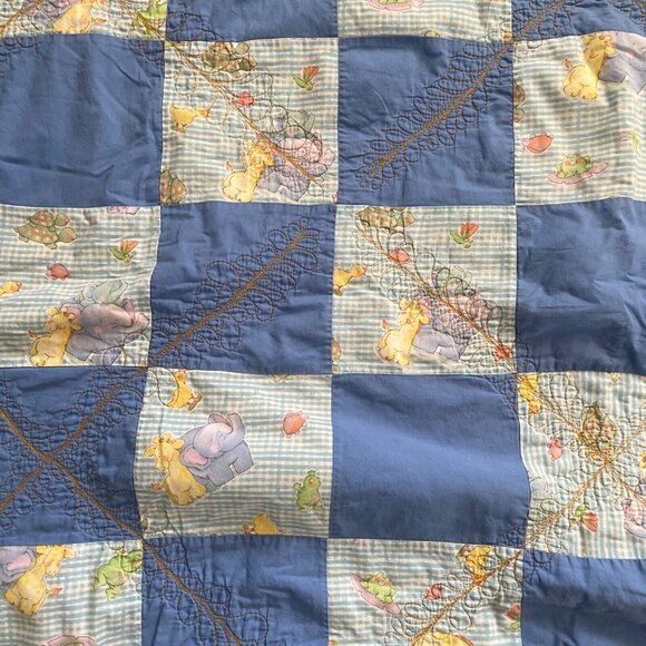 Vintage Baby Quilt Blanket Animals Blue Frog Turtle 53 1/2 x 51 Handmade Cover - Picture 4 of 14